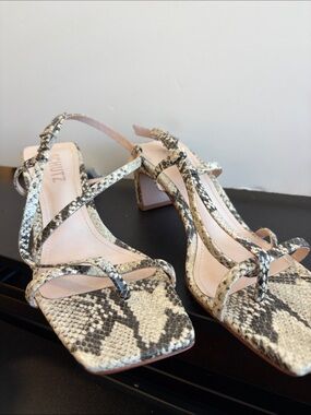 SCHUTZ Black and Beige Snake-Print Strappy Block Heel Sandals